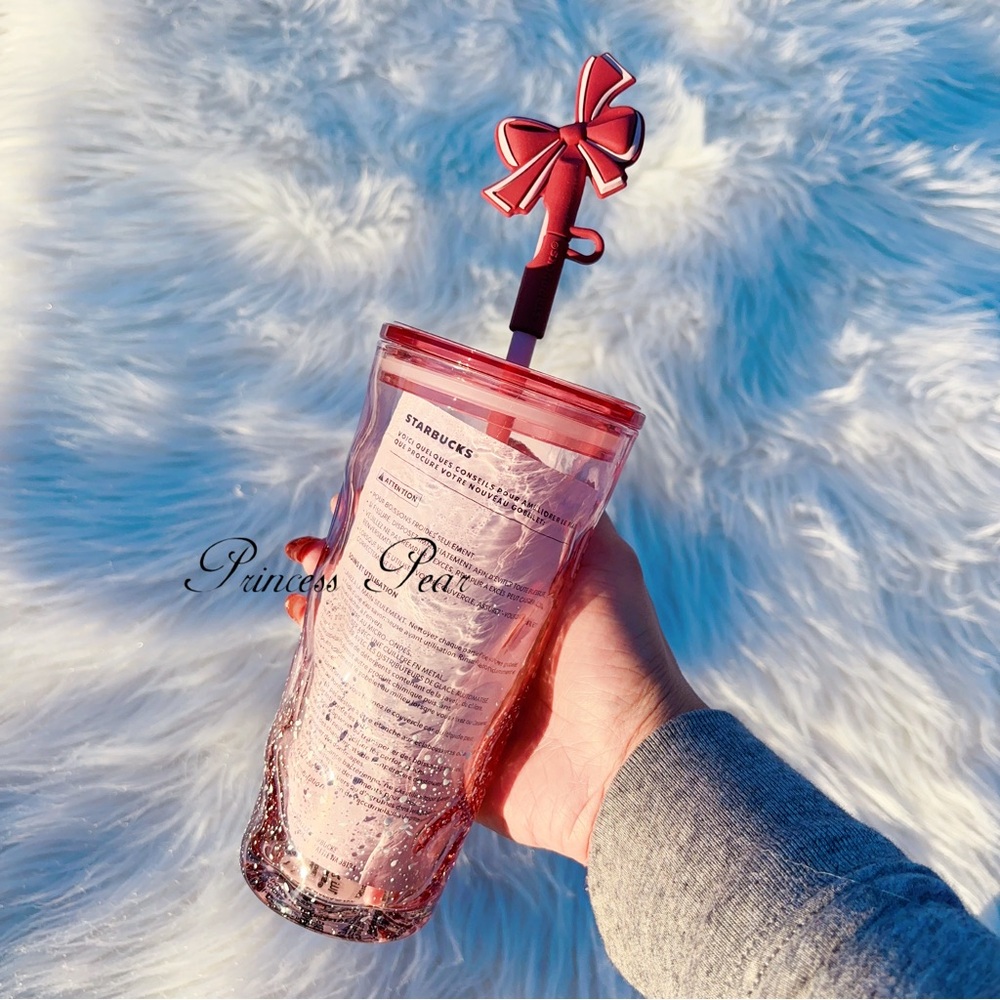🎀NWT🎀Starbucks 2025 Holiday Pink Mauve Speckled Glass Tumbler with Bow Topper